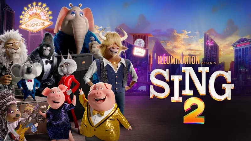 Sing 2 key art with the cast on stage